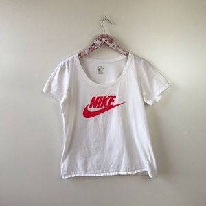 Nike, red and white, athletic short sleeve tee, womens size medium.
